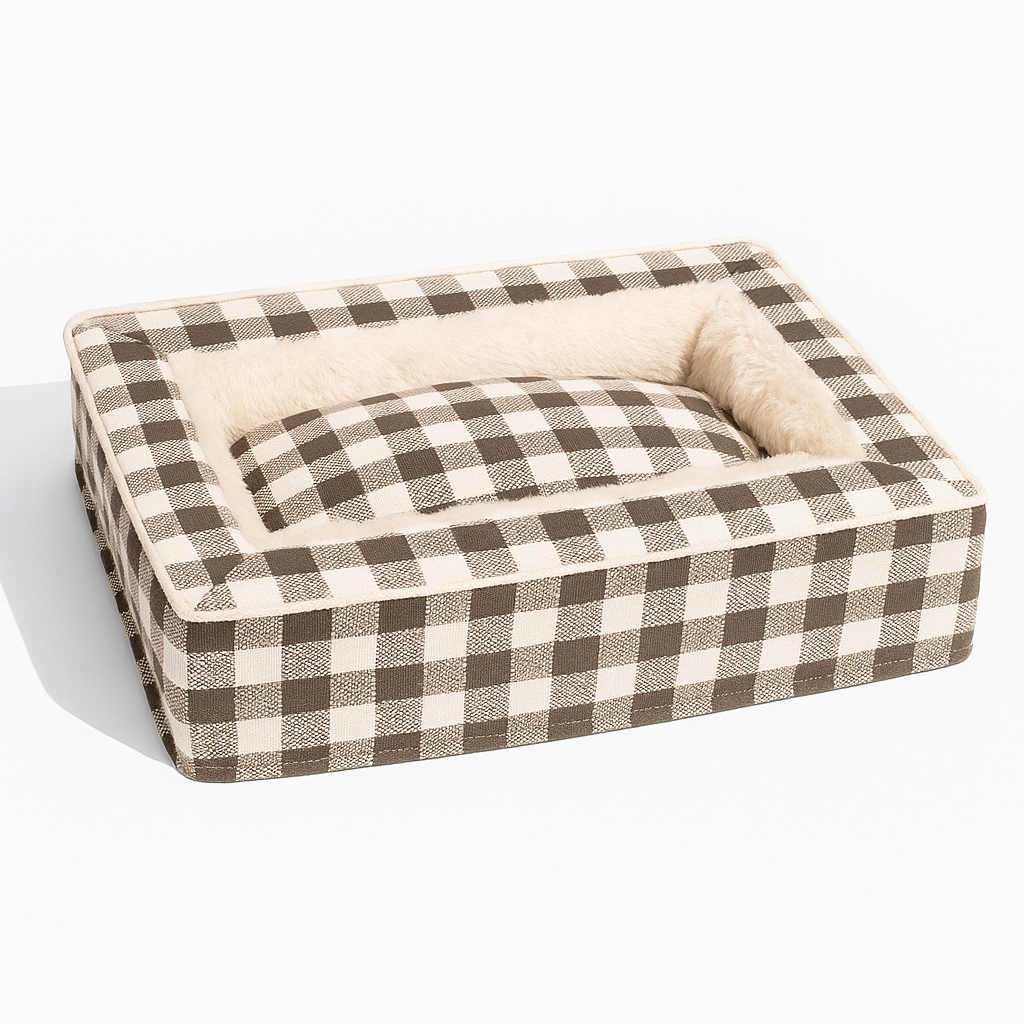 Cozy Bolster Plaid Dog Bed – Washable, Supportive & Non-Slip